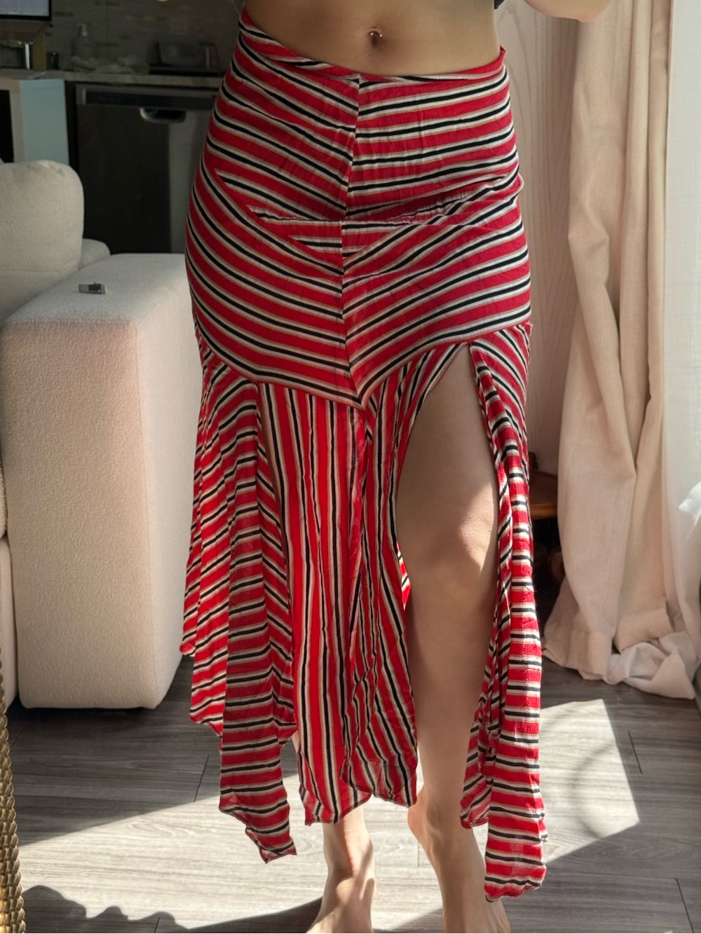 Free People Red Striped Asymmetrical handkerchief hem Midi Skirt High Slit Boho